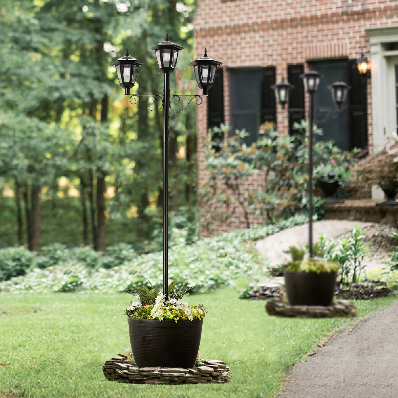 Set of 2 74"H Solar Three Head Street Light with a Round Planter Pot